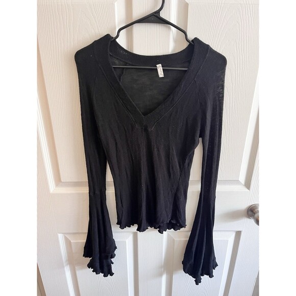 INTIMATELY Free People Soo Dramatic Semi-Sheer Bell Sleeve V-Neck Knit Top Sz M - Picture 1 of 7